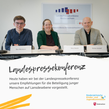 Zu sehen sind Ben Meisborn, Versa Seeck und Sönke Deitlaff als Teilnehmende an der Landespressekonferenz.