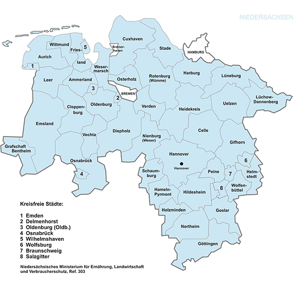 Landkarte von Niedersachsen