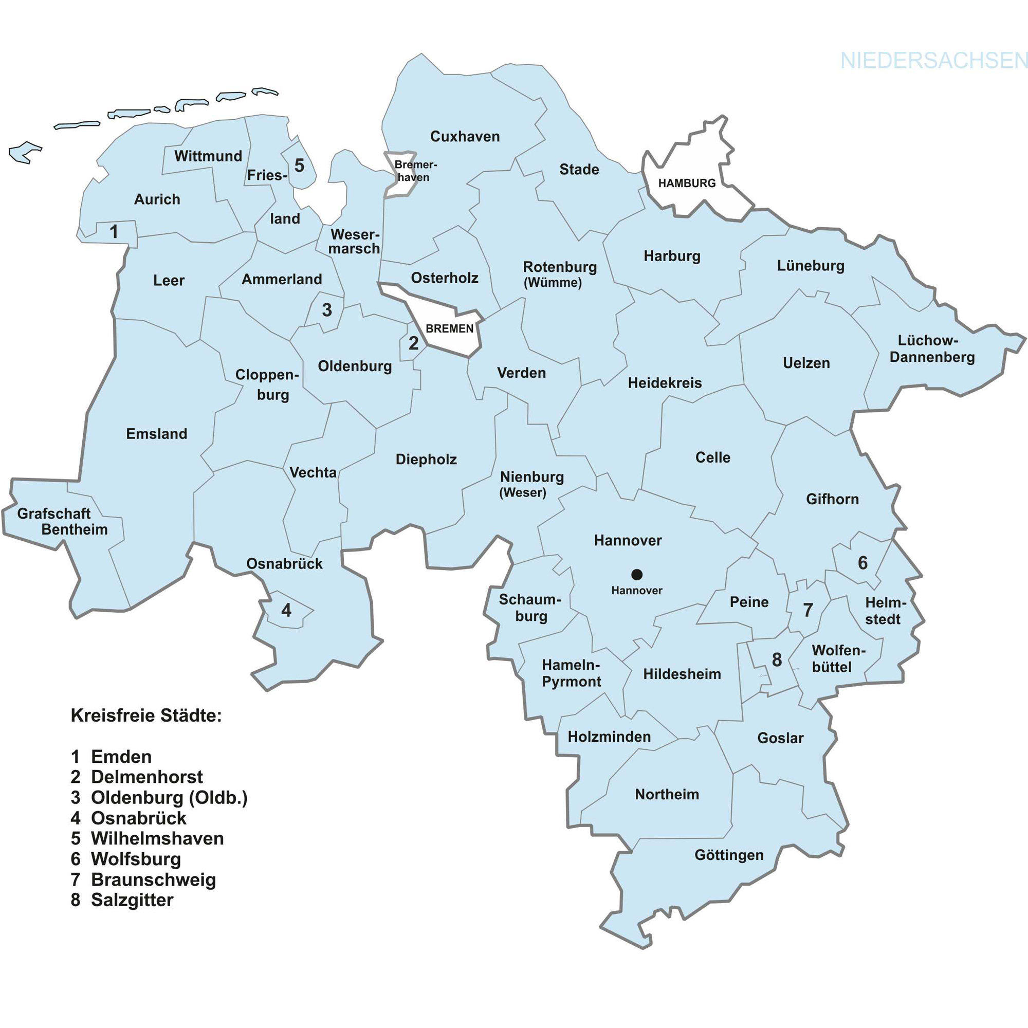 Niedersachsenkarte mit Landkreisen