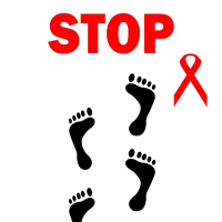 Rote Schleife, Fußabdrücke und ein Schriftzug "Stop"