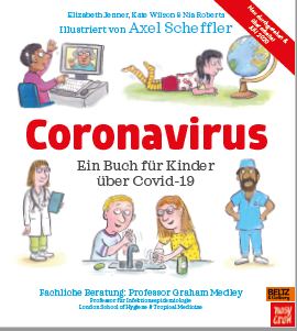 Titelseite des Buches "Coronavirus - Ein Buch für Kinder über Covid-19" Es sind verschiedene Kinder, eine Ärztin und ein Arzt in bunten Farben gezeichnet abgebildet.