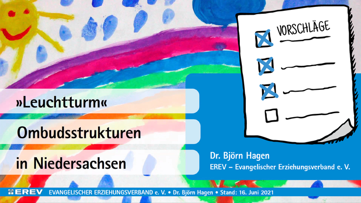 Titelseite d. Veröffentlichung "Leuchtturm" Ombudsstrukturen in Niedersachsen von EREV - Kunterbunt gemaltes Kinderbild als Hintergrund