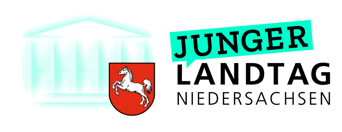 Logo "Junger Landtag Niedersachsen" Niedersachsenwappen, im Hintergrund in schwacher grüner Farbe gezeichnetes Landtagsgebäude mit Säulen