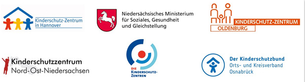 6 verschiedene Logos der Kinderschutz-Zentren in Niedersachsen u. Logo Nieders. Ministerium f. Soziales, Gesundheit u. Gleichstellung m. Niedersachsenwappen
