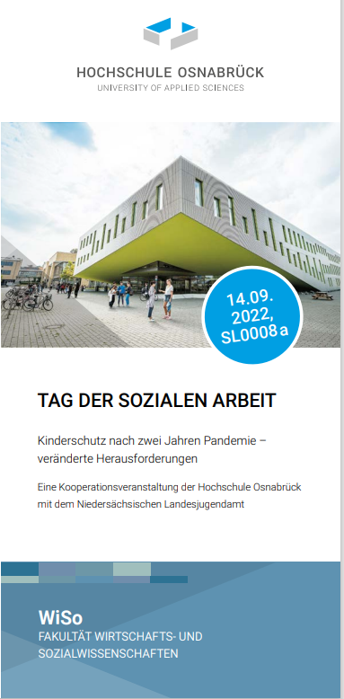 Titelblatt vom Flyer "Tag der Sozialen Arbeit" am 14.09.2022 - Foto vom Gebäude der Hochschule Osnabrück