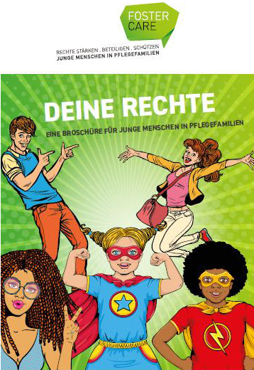 Titelseite der Broschüre f. junge Menschen in Pflegefamilien, es sind verschiedene Kinder abgebildet