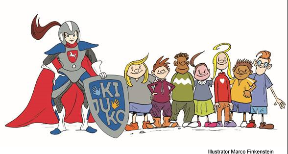 gezeichnetes Bild mit der futuristischen Ritterin „KiJuKo“, daneben stehen verschiedene Kinder