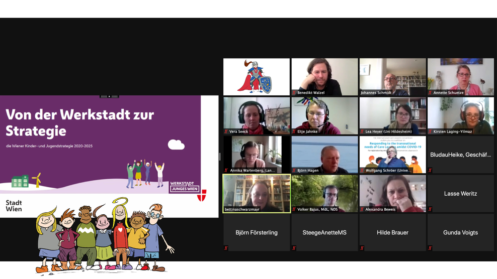 Screenshot vom Bildschirm mit den Teilnehmern während der Online-Konferenz, daneben Titel der Broschüre "Von der Werkstadt zur Strategie" der Stadt Wien