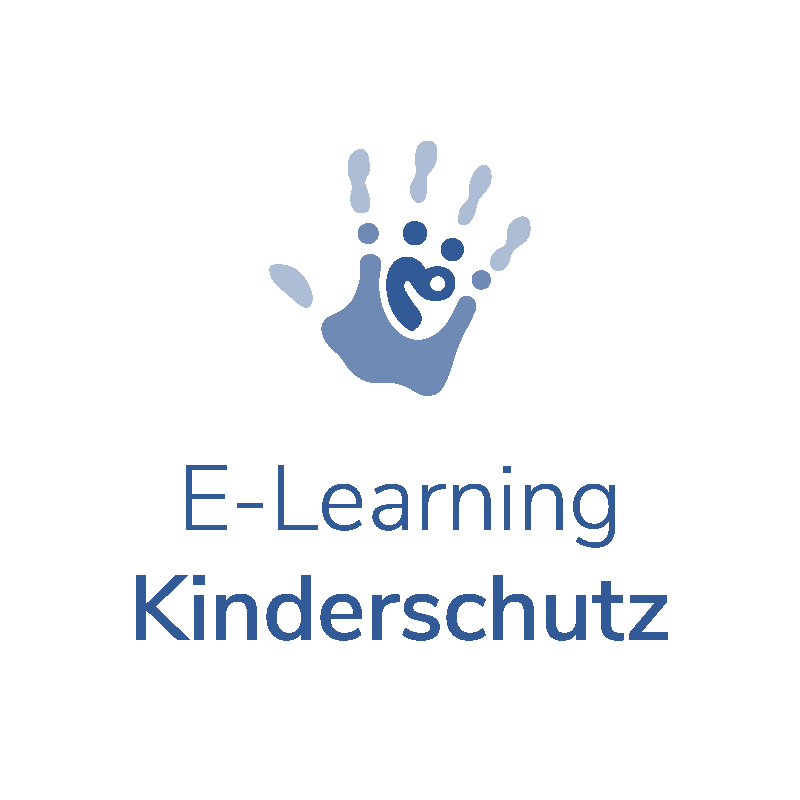 blaue Hand - unten steht E-Learning Kinderschutz