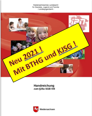 Titelseite der Handreichung zum § 35a SGB VIII mit Fotos von Kindern und iBN auf rotem Hintergrund