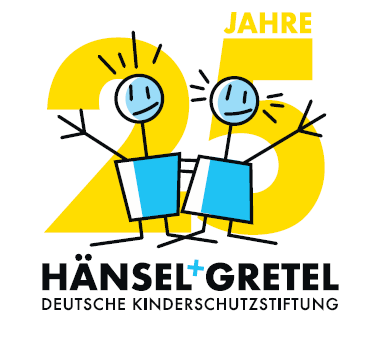Logo 25 Jahre Hänsel+Gretel Deutsche Kinderschutzstiftung - 2 blaue Strichmännchen, im Hintergrund die Zahl 25 in gelb