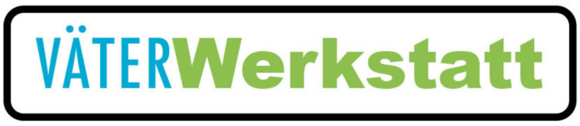Logo VÄTERWerkstatt - Väter in blauen und Werkstatt in grünen Großbuchstaben mit schwarzer Umrandung geschriebe