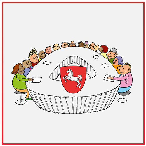 Viele Menschen an einem runden Tisch