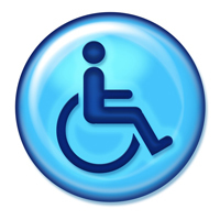 Rollstuhlfahrersymbol in einem hellblauene Kreis