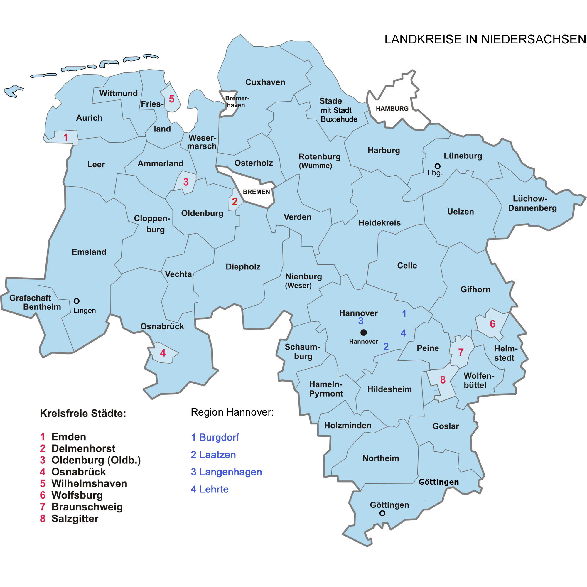 Karte der Landkreise in Niedersachsen