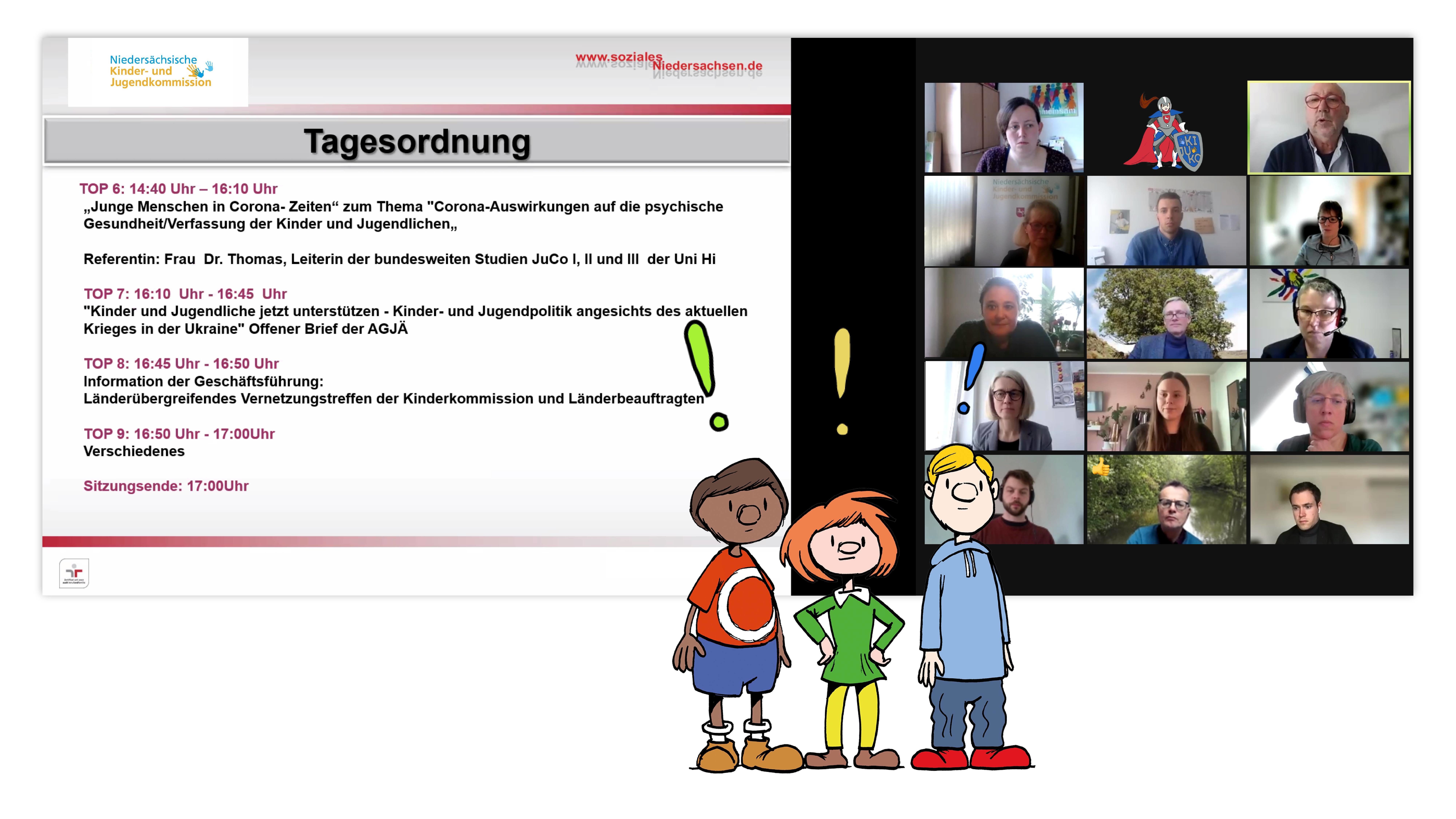 links: Tagesordnungspunkte - rechts: Screenshot vom Bildschirm mit Teilnehmern während der Online-Sitzung, davor 3 illustrierte Zeichnungen von Kindern