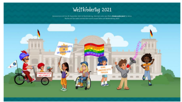 Weltkindertag 2021 verschiedene Kinder stehen vor dem Reichstag in Berlin