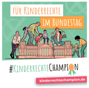 Für Kinderrechte im Bundestag, Bundestag gezeichnet, oben und neben dem Bundestag verschiedene Erwachsene mit Kindern gezeichnet